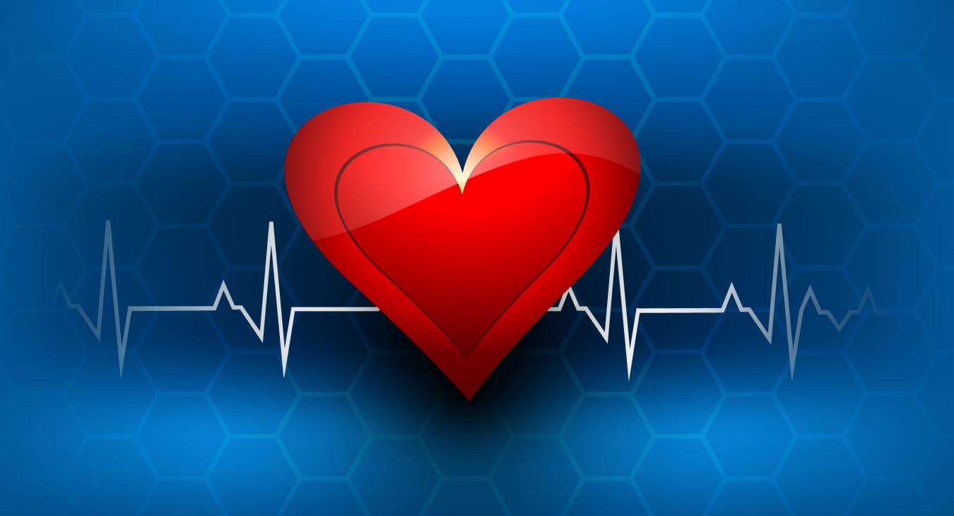 Illustration of a red heart and a white heartbeat signature on blue background