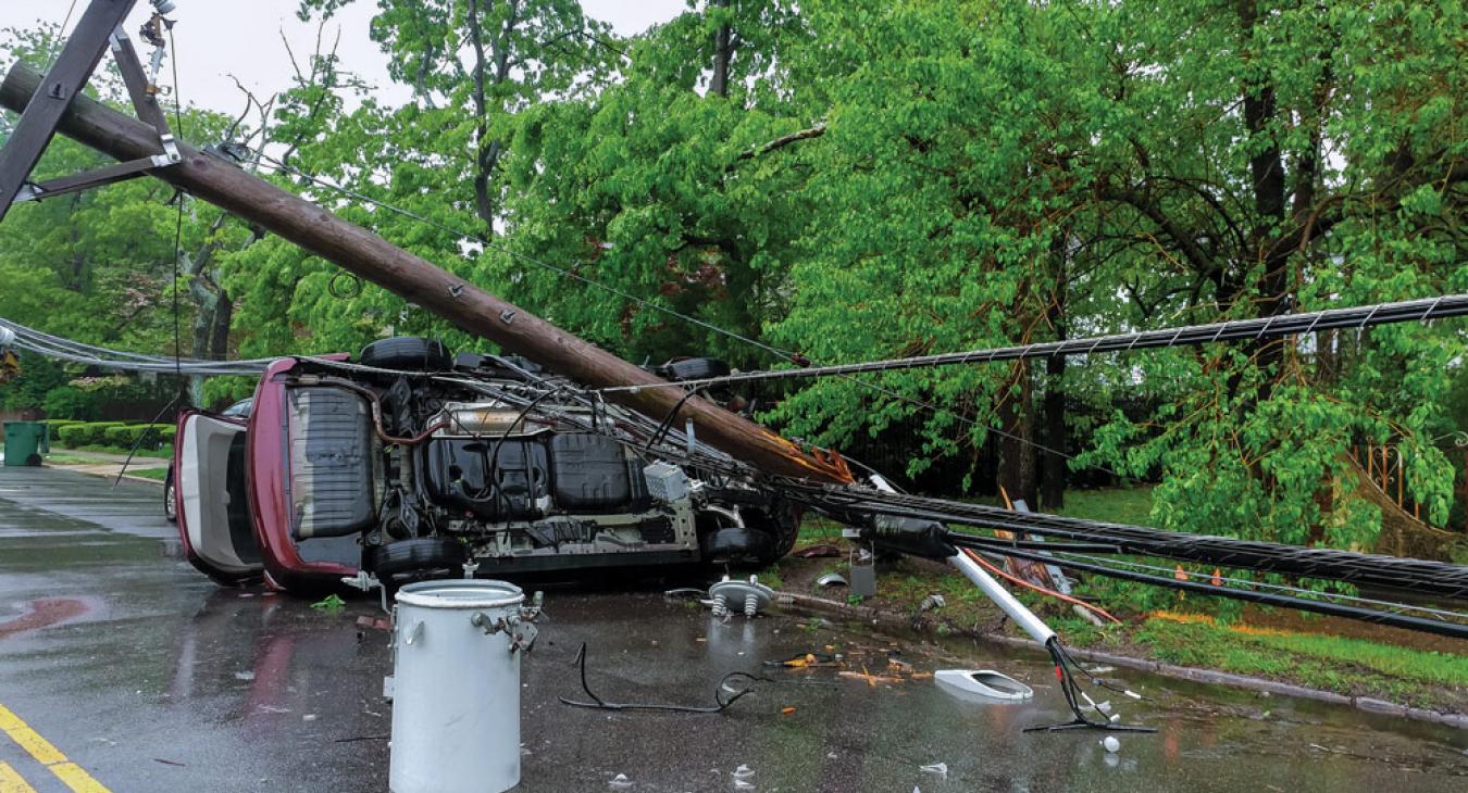 Crashed van tangled in power line
