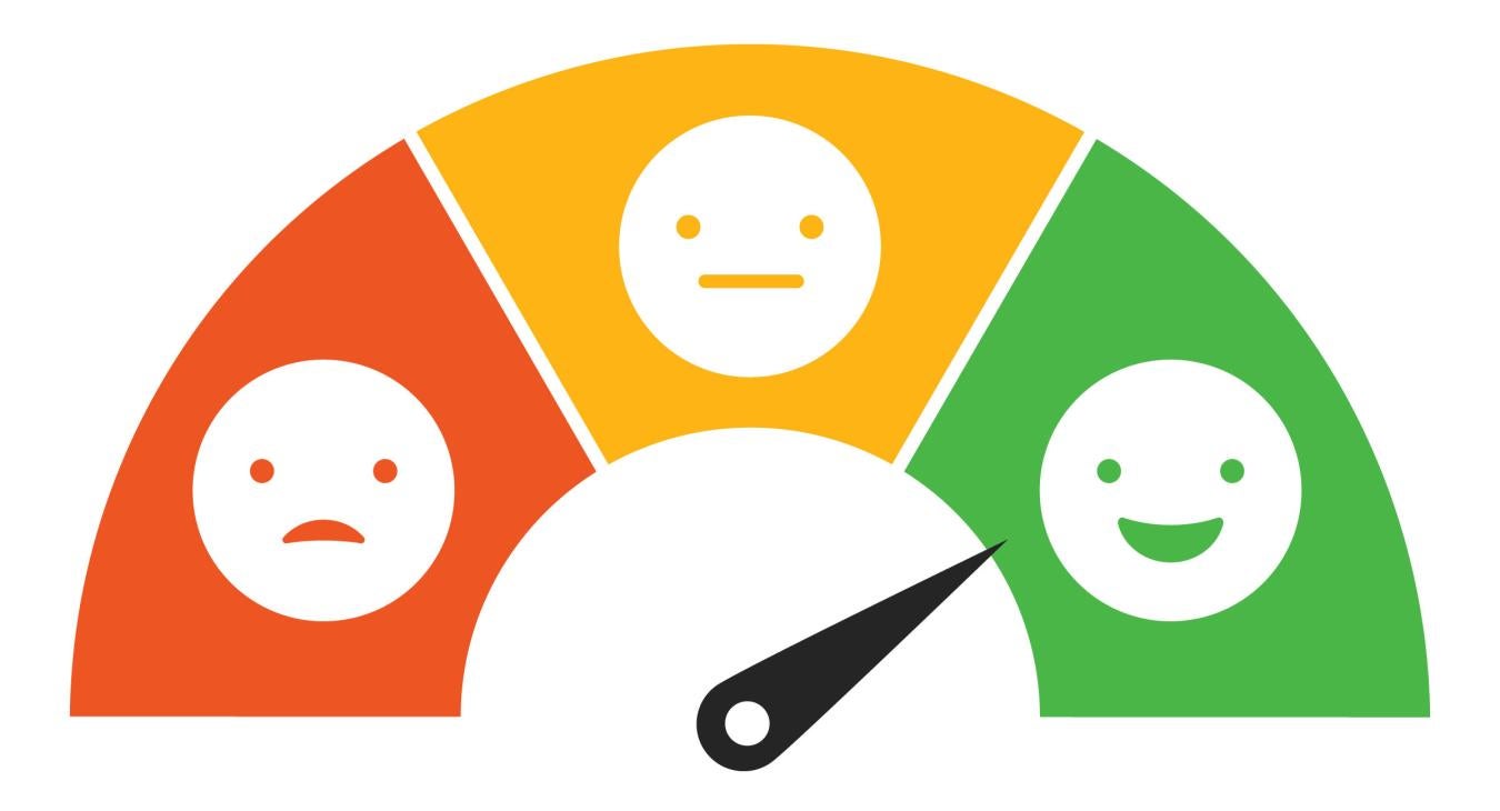 Meter with red frowny face, yellow neutral face, and arrow pointing to green smiling face